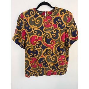 August Silk Vintage 100% Silk Short Sleeve Scroll Print Blouse Red Gold Black M